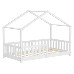 Kinderbett Hausbett 80x160 cm Weiß aus Kiefernholz Holzbett mit Rausfallschutz und Lattenrost ML-Design 6394