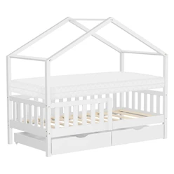Kinderbett Hausbett 80x160 cm Weiß aus Kiefernholz mit Matratze H:10cm
