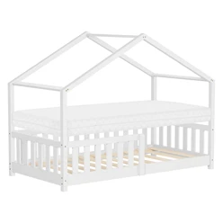 Kinderbett Hausbett 80x160 cm Weiß aus Kiefernholz mit Matratze H:10cm Rausfallschutz und Lattenrost ML-Design 6394