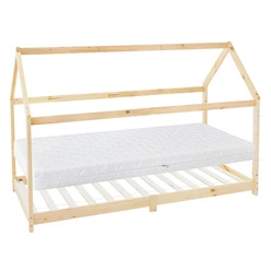 Kinderbett Hausbett 90x200 cm aus Kiefernholz inkl. Matratze H-16cm Holzbett mit Dach und Lattenrost ML-Design 6394