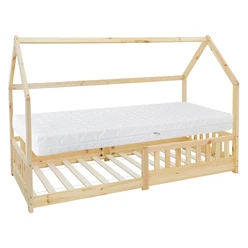 Kinderbett Hausbett 90x200 cm aus Kiefernholz inkl. Matratze H-16cm Rausfallschutz Dach und Lattenrost ML-Design 6394