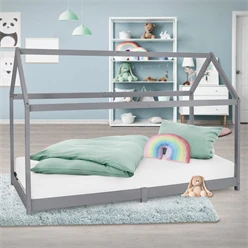 Kinderbett Hausbett 90x200 cm Hellgrau aus Kiefernholz Holzbett mit Dach und Lattenrost ML-Design 6394