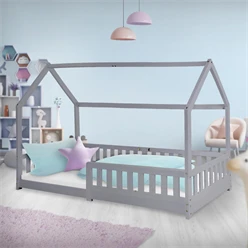 Kinderbett Hausbett 90x200 cm Hellgrau aus Kiefernholz mit Rausfallschutz Dach und Lattenrost Holzbett ML-Design 6394