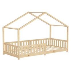 Kinderbett Hausbett 90x200 cm Natur aus Kiefernholz Holzbett mit Rausfallschutz und Lattenrost ML-Design 6394