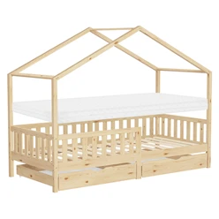 Kinderbett Hausbett 90x200 cm Natur aus Kiefernholz mit Matratze H:10cm