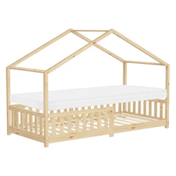 Kinderbett Hausbett 90x200 cm Natur aus Kiefernholz mit Matratze H:10cm Rausfallschutz und Lattenrost ML-Design 6394