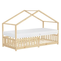 Kinderbett Hausbett 90x200 cm Natur aus Kiefernholz mit Matratze H:16cm Rausfallschutz und Lattenrost ML-Design 6394