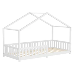 Kinderbett Hausbett 90x200 cm Weiß aus Kiefernholz Holzbett mit Rausfallschutz und Lattenrost ML-Design 6394