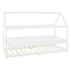 Kinderbett Hausbett 90x200 cm Weiß aus Kiefernholz inkl. Matratze H-10cm Holzbett mit Dach und Lattenrost ML-Design 6394