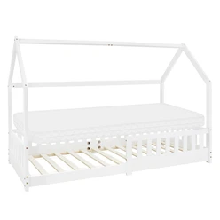Kinderbett Hausbett 90x200 cm Weiß aus Kiefernholz inkl. Matratze H-10cm Rausfallschutz Dach und Lattenrost ML-Design 6394