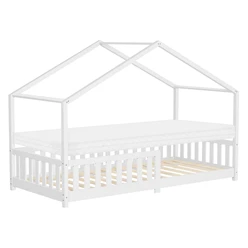 Kinderbett Hausbett 90x200 cm Weiß aus Kiefernholz mit Matratze H:10cm Rausfallschutz und Lattenrost ML-Design 6394