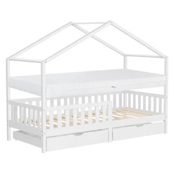 Kinderbett Hausbett 90x200 cm Weiß aus Kiefernholz mit Matratze H:16cm