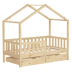 Kinderbett Hausbett mit 2 Schubkasten 70x140 cm Natur aus Kiefernholz mit Rausfallschutz und Lattenrost ML-Design 6394
