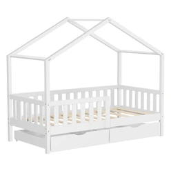 Kinderbett Hausbett mit 2 Schubkasten 80x160 cm Weiß aus Kiefernholz mit Rausfallschutz und Lattenrost ML-Design 6394