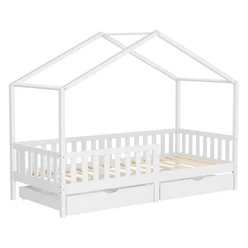 Kinderbett Hausbett mit 2 Schubkasten 90x200 cm Weiß aus Kiefernholz mit Rausfallschutz und Lattenrost ML-Design 6394