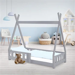 Kinderbett Tipi 70x140 cm Hellgrau aus Kiefernholz mit Rausfallschutz und Lattenrost Holzbett ML-Design 6394