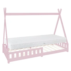 Kinderbett Tipi 90x200 cm Rosa aus Kiefernholz inkl. Matratze H-16cm Rausfallschutz und Lattenrost ML-Design 6394