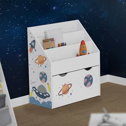 Kinderregal Weltraum-Motiv mit 3 Fächern und herausziehbarer Spielzeugkiste auf Rollen Weiß aus Holz Joyz 465