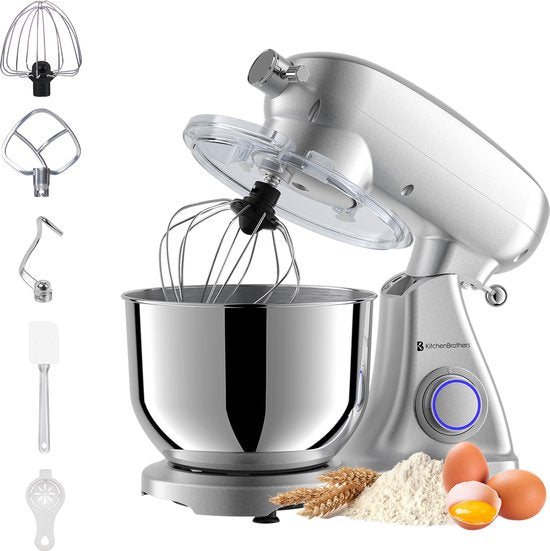 KitchenBrothers Küchenmaschine - Küchenroboter - 6.2L Rührschüssel - 1800W - Küchenmixer - Aluminium - Silber Wohnen & Kochen