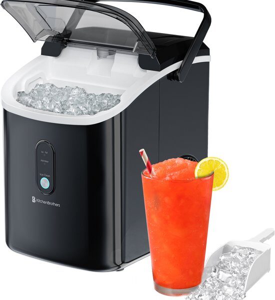 KitchenBrothers Nugget Eiswürfelbereiter - 1.1L - Crushed Ice Maker mit Eisportionierer - Tragbar - 15kg/24 Stunden - Schwarz Wohnen & Kochen