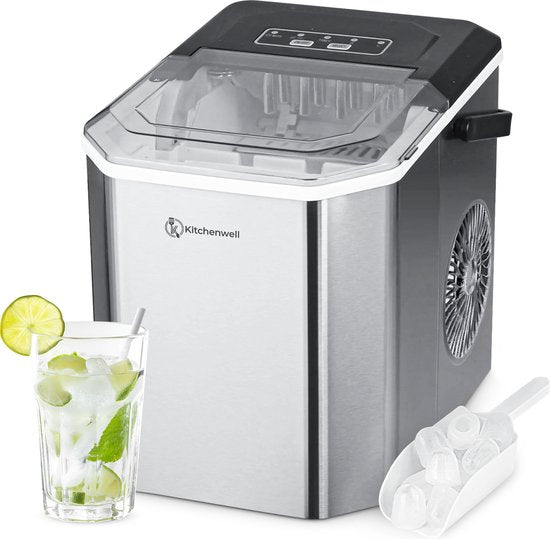 Kitchenwell Eiswürfelbereiter - 1.3L - Eiswürfelbereiter - Eisportionierer - 12kg/24 Stunden - Tragbar - Selbstreinigungsfunktion - Edelstahl Wohnen & Kochen