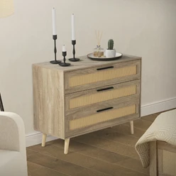 Kommode Sideboard mit 3 Schubladen 100x77x40 cm Eiche-Optik mit Rattanfront und Massivholzfüßen ML-Design 4195