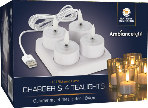 Koopman - Wiederaufladbares LED-Teelicht-Set 4-tlg. - Mit Ladegerät - Weiß Wohnen & Kochen