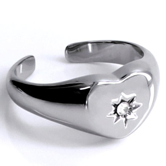 Laura Ferini Verstellbarer Damenring Lana Silber - Siegelring mit Herz und Zirkonia Kristall - Silber Damenschmuck - Wasserfester Edelstahl - Edelstahlschmuck - Accessoires Vertaald