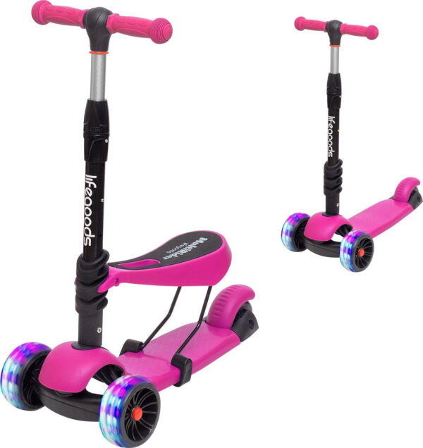 LifeGoods MultiRider Kinder-Roller - Stufe 3-8 Jahre - verstellbarer Sitz - leuchtende Räder - Jungen/Mädchen - Pink Hobby & Sport