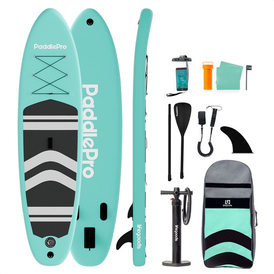 LifeGoods PaddlePro SUP Board - Aufblasbares Paddle Board - Komplettset - Max. 135KG - 320x81cm - Pastellgrün Hobby & Sport