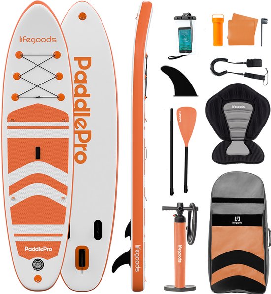 LifeGoods PaddlePro SUP Board - mit Sitz - Aufblasbares Paddle Board - Komplettset - Max. 135KG - 320x81cm - Weiß/Orange Hobby & Sport