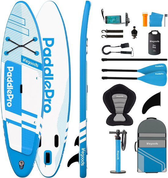 LifeGoods PaddlePro SUP Board Pro - Pro Set - Mit Sitz - Aufblasbares Paddle Board - Max. 150KG - 320x81cm - Himmelblau Hobby & Sport