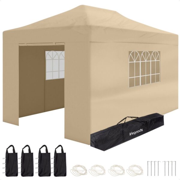 LifeGoods - Partyzelt mit Seitenwänden - Pavillon - leicht aufbaubar - wasserdicht - Tragetasche mit Rädern - 3 x 4