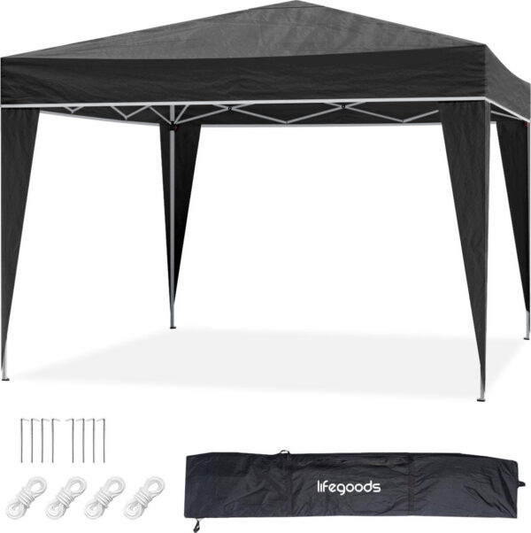 LifeGoods Partyzelt - Pavillon - 3x3 m - Einfacher Aufbau - Zusammenklappbar - Wasserdicht - Mit Tragetasche - Schwarz Haus & Garten