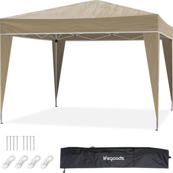 LifeGoods - Partyzelt - Pavillon - 3x3 m - faltbar - wasserdicht - inkl. Tragetasche mit Rädern - Beige Haus & Garten