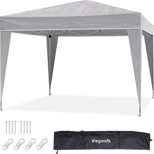 LifeGoods Partyzelt - Pavillon - 3x3 m - leicht aufbaubar - faltbar - wasserdicht - Tragetasche mit Rädern - grau Haus & Garten