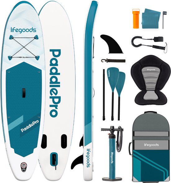 LifeGoods SUP Board All-round Compact - Mit Sitz - 100 KG Tragfähigkeit - 300 x 76 cm - Aufblasbar - Komplettes SUP Paket - Deep Aqua Hobby & Sport