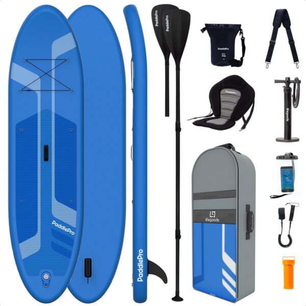 LifeGoods SUP Board - Deluxe Set - mit Sitz - Aufblasbares Paddle Board - Max. 135KG - 320x81cm - Blau Hobby & Sport