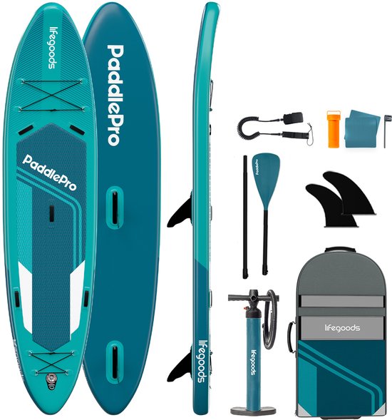 LifeGoods SUP Board Tandem - 2 Personen - 220 KG Tragfähigkeit - 381 x 86 cm - Aufblasbar - Komplettes SUP Paket - Deep Aqua Hobby & Sport