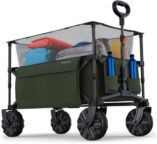 LifeGoods Wagon - Faltbarer Wagen - 100KG - 230L - Erhöht - Mit Schutzhülle - Grün Hobby & Sport