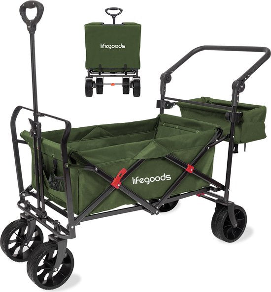 LifeGoods Wagon - Schwenkbare Räder - Bremssystem - bis zu 120Kg - 120 x 61 x 80cm - Grün Hobby & Sport
