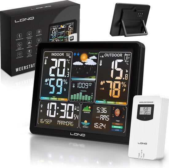 LONQ - Innen- und Außenwetterstation Q5 - Inkl. Batterien - Funkwetterstation mit Außensensor - Thermometer Hygrometer - Farbdisplay - DCF-gesteuerte Uhr - Schwarz Haus & Garten
