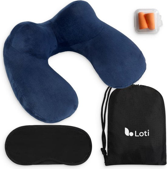 Loti Aufblasbares Nackenkissen Set 3 in 1 mit Aufbewahrungsbeutel - Flugzeugkissen - Reisekissen - Samt - Inklusive Schlafmaske und Ohrstöpsel - Blau Hobby & Sport