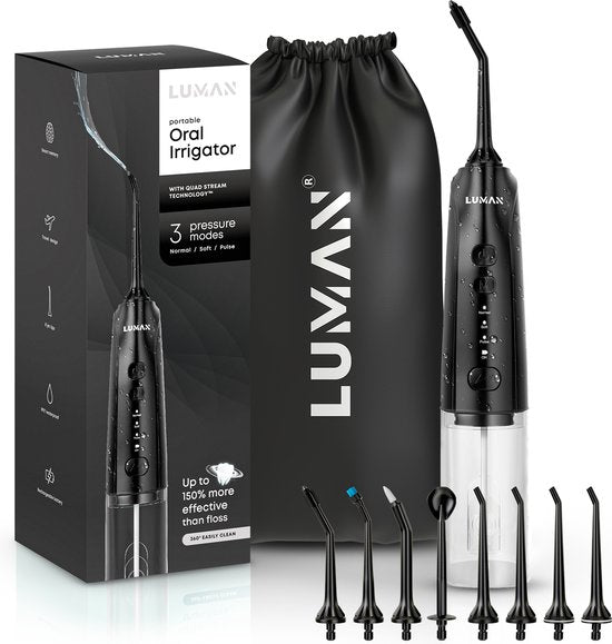 LUMAN Water Flosser - Munddusche - Flosser - Schnurlos und wiederaufladbar - 8 Aufsätze - Schwarz Schön & Gesund