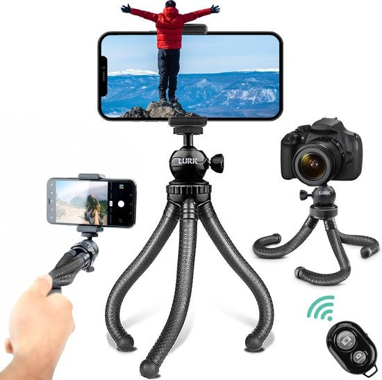 LURKÂ® 3 in 1 Flexibles Octopus-Stativ Stativ für Smartphone & (Action-)Kamera - Inkl. Telefonklemme und Bluetooth-Fernbedienung - 25 cm Elektronik