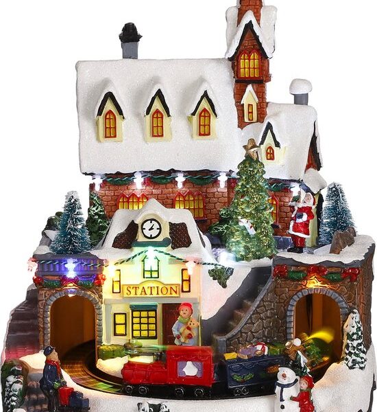 LuVille Weihnachtsdorf Miniatur-Bahnhof - L24 x B24 x H33 cm - Mehrfarbig Weihnachten