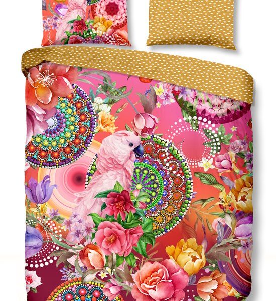 Luxus-Satin-Bettbezug 200x220 cm - Blumen- und Papageienprint - Rosa/Orange - 2 Personen - 100% Baumwollsatin Wohnen & Kochen