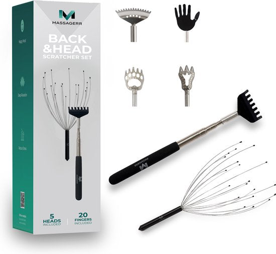 Massagerr® Head & Back Scratcher Set - 5-in-1 Rückenkratzer mit 5 Aufsätzen - Kopfkratzer mit 20 Fingern - Rückenmassage - Ultimatives Kratzgefühl - Massage Schön & Gesund