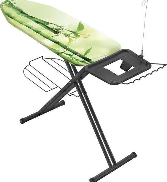 Metaltex - Bügeltisch Avior - Bügeltisch - Bügelfläche 125 x 45 cm - Extra breite Bügelfläche und Schnurführung - Mattschwarz - Wäscheablage - Kleiderbügelhalter - Bambus Grün Wohnen & Kochen
