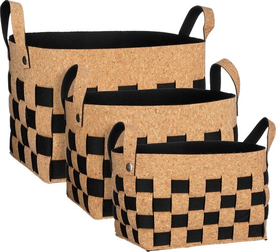 Mica Decorations Aufbewahrungskorb - 3er-Set - L40 x B30 x H30 cm - Kork/Filz - Schwarz Wohnen & Kochen